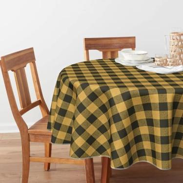 Imagem de Toalha de mesa xadrez de búfalo amarelo preto 147 × 147 cm, capa de mesa redonda de poliéster lavável para festa de casamento, piquenique, banquete, jantar, decoração