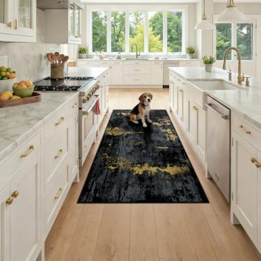 Imagem de RELEANY Tapetes laváveis 7 x 15 cm antiderrapantes modernos abstratos macios para sala de estar, entrada, quarto, berçário, padrão impresso, ouro preto escuro