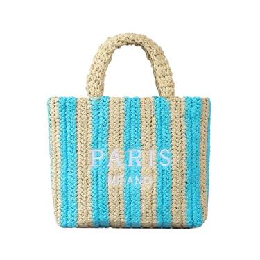 Imagem de OWGSEE Bolsa de praia de palha feminina de tecido de verão, bolsas de palha embaláveis e bolsas de mão para férias e férias, P - azul, Small