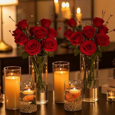 Imagem de Hewory Castiçais de vidro Hurricane: 6 peças de castiçais de furacão transparentes para velas flutuantes de pilar, cilindro de vidro para centros de mesa de centro de mesa, festa de casamento