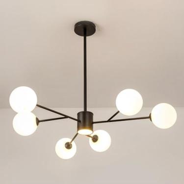 Imagem de Lustre moderno dourado para interiores, 89 cm (35") de diâmetro, com globo de vidro branco, ideal para sala de jantar, sala de estar, quarto, cozinha e escritório (Braço: 10 cm + 20 cm + 30