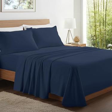 Imagem de Kickoff Lençóis de bambu viscose, tamanho casal, 4 peças, 100% viscose, bambu, orgânico, roupa de cama refrescante, lençol com elástico, fronhas (azul-marinho, F)
