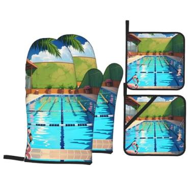 Imagem de Conjunto de luvas de forno estampadas de flamingo e piscina, conjunto de 4 peças adequado para grelhar, cozinhar e assar