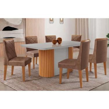 Imagem de Conjunto: Mesa de Cozinha Pilar Curvo 180cm + 6 Cadeiras Pietá Madeira Naturale/Off White - Capuccino/Corano Capuccino - Rufato