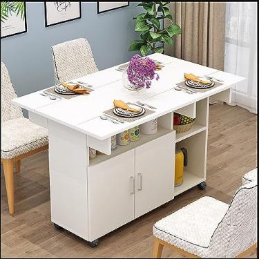 Imagem de Mesa de jantar dobrável moderna, mesa de jantar com folhas caídas, mesa de jantar extensível com gaveta e prateleiras de armazenamento, mesa de jantar com 6 rodas, em 3 formas, economia de espaço