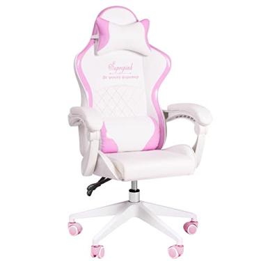 Imagem de Poltrona para jogos estilo corrida, cadeira ergonômica de videogame com encosto alto com suporte lombar braços dobráveis encosto de cabeça couro PU executivo encosto alto cadeira de computador