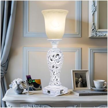 Imagem de Candeeiro de mesa de 50 cm com 2 portas USB, luminária de cabeceira vintage para quarto, luminária de mesa regulável de 3 vias com persiana de vidro, luz rústica de mesa de cabeceira para sala de