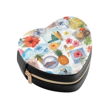 Imagem de Burbuja Caixa de joias em forma de coração com estampa de patchwork tropical para mulheres e meninas, estojo portátil organizador de armazenamento para brincos, anéis, colares e pulseiras