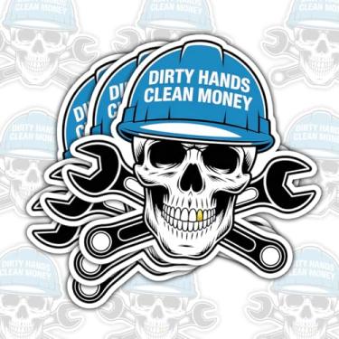 Imagem de 3 peças de adesivos Dirty Hands Clean Money, decalques de vinil de mecânico de caveira com capacete rígido e chaves, adesivos engraçados de garagem para caixas de ferramentas, laptops, garrafas de