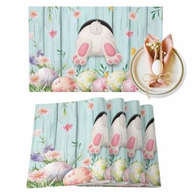 Imagem de Jogo americano de Páscoa, conjunto de 6 tapetes de mesa para ovos de coelho, primavera, floral, azul-petróleo, madeira, grão, para jantar, cozinha, primavera, férias, jantares, decorações de Páscoa