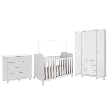 Imagem de Dormitório Infantil Júnior Guarda Roupa 4 Portas, Cômoda 1 Porta E Berço Uli Branco Brilho - Móveis Peroba