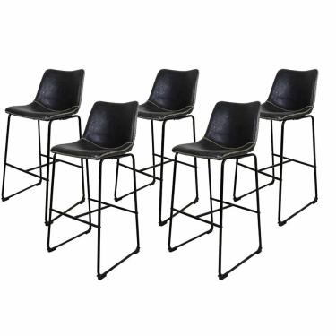 Imagem de Kit 5 Banquetas Munich Estofadas Pretas Com Encosto 74cm Base Metálica