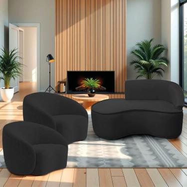 Imagem de Kit Divã Recamier Orgânico Marrocos 150cm Lado Esquerdo E 2 Poltronas Amore Bouclé Preto