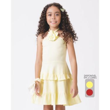Imagem de Vestido enrugado com flor verão fofo leve confortável - Amarelo e Vermelho - Menina 4 a 14 anos-Feminino