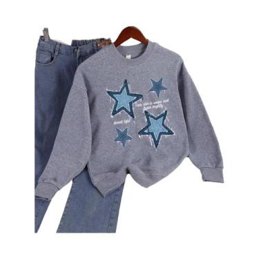 Imagem de Moletom Feminino Solto Com Gola Redonda, Estampa De Estrela Em Imitaçã