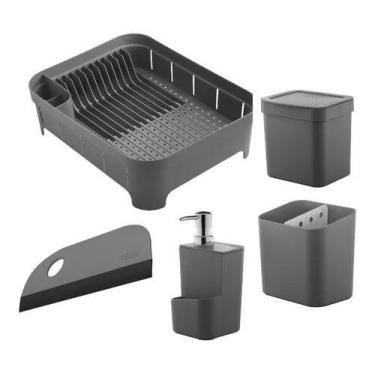 Imagem de Kit 5 Pc Dispenser Escorredor Louça Talher Rodinho Lixeira, Preto