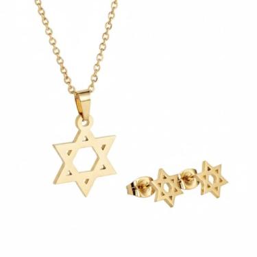 Imagem de Colar e brincos de estrela de Davi banhados a ouro 14K para mulheres - Pingente de símbolo judaico de Israel - Joia judaica religiosa delicada hebraica elegante, One Size, Aço inoxidável e dourado