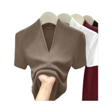 Imagem de Camiseta Feminina Slim Fit De Algodão Com Decote V Verão 2025 Sexy Cas