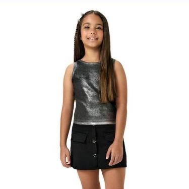 Imagem de Conjunto Meninas Regata Ribana Cropped Foil Prata e Saia Preta Botões 