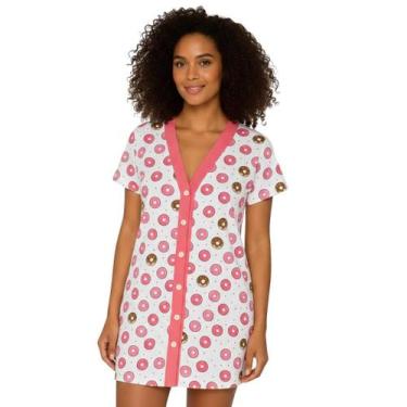 Imagem de Camisola Feminina Adulto Manga Curta Gola V Estampada Botão Larga Maci