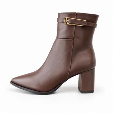 Imagem de Bota Feminina Couro Legítimo Marrom Bico Fino Salto Robusto Cor:Marrom