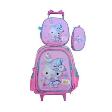 Imagem de Kit Mochila da Hello Kitty em 3D com Rodinhas + Lancheira Térmica + Es