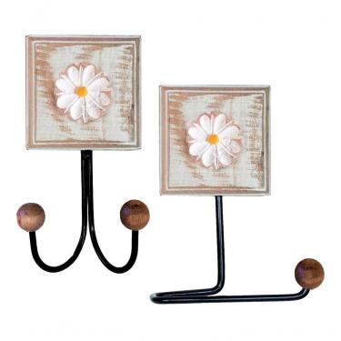 Imagem de Kit Banheiro 2 Peças Toalheiro Duplo e Porta Papel Higiênico Artesanal Flor Madeira Rosa Estilo Rústico