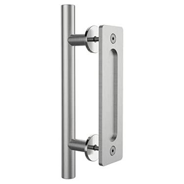 Imagem de Maçaneta da porta do celeiro de 12 polegadas puxada nivelada Conjunto de maçaneta embutida em carbono/aço inoxidável para porta de madeira deslizante interna, 1 unidade de prata