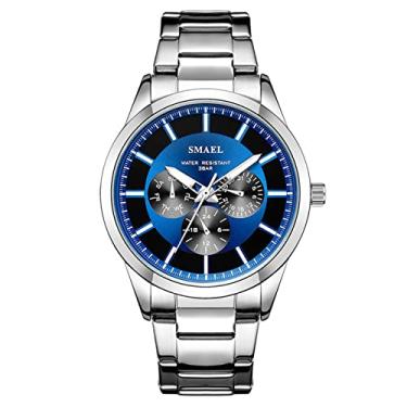 Imagem de Relógio masculino de quartzo analógico, relógio de pulso de aço inoxidável, fecho de borboleta, design redondo com 3 dígitos, elegante e elegante, azul