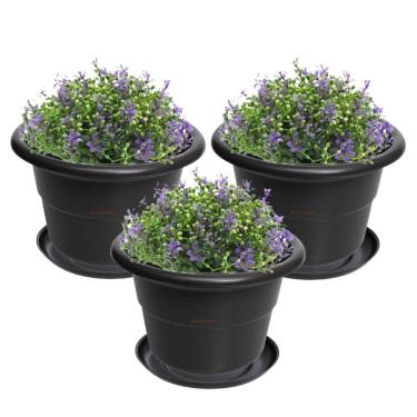 Imagem de Kit 3 Vaso Redondo Pequeno Com Prato Plástico Para Flores Plantas Jardim Preto - AMZ