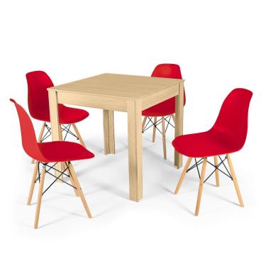 Imagem de Conjunto Mesa de Jantar Quadrada Sofia Natural 80x80cm com 4 Cadeiras Eames Eiffel - Vermelho