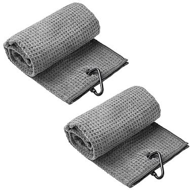 Imagem de Pacote com 2 toalhas de golfe padrão waffle algodão com mosquetão toalhas de limpeza gancho de microfibra limpa tacos bolas mãos para homens mulheres (Cinza)