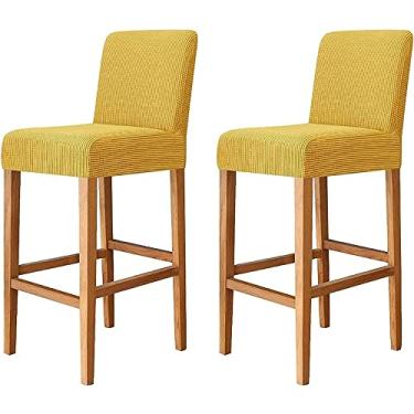 Imagem de Conjunto de 2 capas de cadeira de sala de jantar, capa de banqueta de bar jacquard de cor sólida capa protetora removível para cadeiras de pub com costas curtas (Color : Yellow)