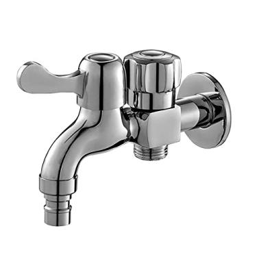 Imagem de LIDON Torneira dupla Pia de banheiro Torneira de água fria única Torneira de pia de lavanderia de latão Máquina de lavar Mangueira Divisor de torneira de saída dupla para varanda de banheiro, Cromo B (Cor: Cromado C)