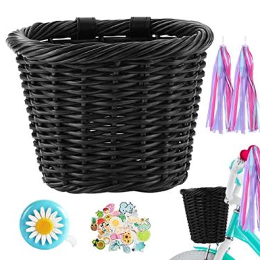 Imagem de Cesta De Vime Para Bicicleta | Cesto de bicicleta traseiro natural,Decoração de cesta de bicicleta infantil, cesta de guidão de bicicleta de menino com flâmulas adesivos de sino para meninas e