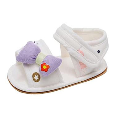Imagem de Sandálias rasteiras para bebês meninas com laço, bico aberto, sapatos para primeiros passos (roxo, 0 a 6 meses)