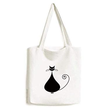 Imagem de Bolsa de lona preta para amantes de gatos Halloween desenho animal bolsa de compras bolsa casual bolsa de mão