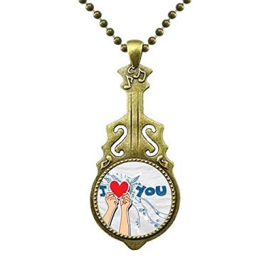 Imagem de DIYthinker Colar com pingente de coração "I Love You Valentine" com pingente de música de guitarra antiga