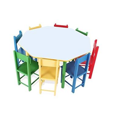 Imagem de Mesa Oitavada Com 8 Cadeiras de Madeira Coloridas