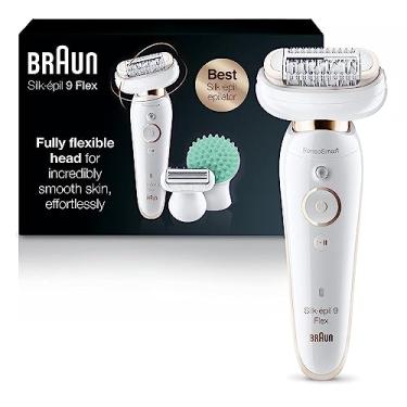 Imagem de Braun Depilador Silk-épil 9 9-020 com cabeça flexível, remoção de pelos faciais para mulheres, dispositivo de depilação, barbeador e aparador, sem fio, recarregável, molhado e seco, kit de beleza com almofada de massagem corporal