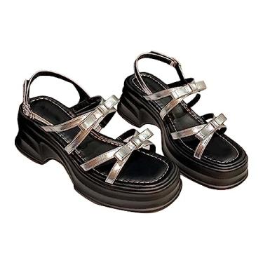 Imagem de Sandálias femininas tamanho pequeno sandálias de laço com sola grossa feminina verão agasalhos novos todos de salto alto tira fina sandálias romanas abertas (prata, 8)