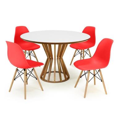 Imagem de Conjunto Mesa de Jantar Redonda Cecília Amadeirada Branca 120cm com 4 Cadeiras Eames Eiffel - Vermelho