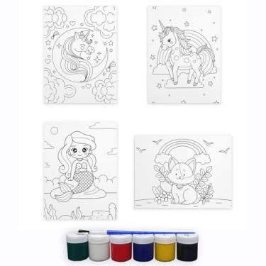 Imagem de Tela Para Pintura Infantil Colorir Arte Kit 4 Unidades com Tinta e Pincel Canvas 20x15cm (Menina)