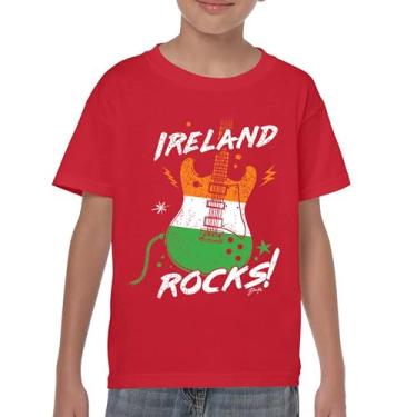 Imagem de Camiseta juvenil Ireland Rocks Guitar Flag St Patrick's Day Shamrock Groove Vibe Pub Celtic Rock and Roll Cravo infantil, Vermelho, G