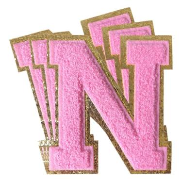 Imagem de 3 peças de adesivos de letras de chenille rosa glitter ferro em remendos de letras universitárias remendo bordado de chenille costurar em remendos para roupas chapéu bolsas jaquetas camisa (rosa, N)