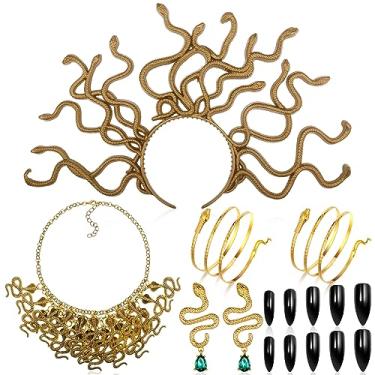 Imagem de Huquary Conjunto de 5 peças de fantasia de cobra de medusa de Halloween para mulheres medusa tiara medusa cobra gargantilha colar brincos de cobra pulseira preto unhas falsas para Halloween cosplay acessórios de fantasia, Cores clássicas, tamanho �nico