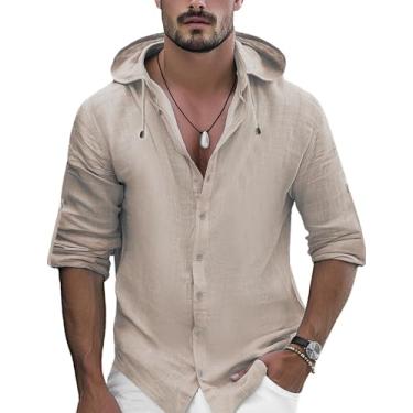 Imagem de OYOZONE Camisas masculinas de linho casuais com botões de manga comprida e manga enrolada, camisetas de praia de verão com capuz, Bege, GG