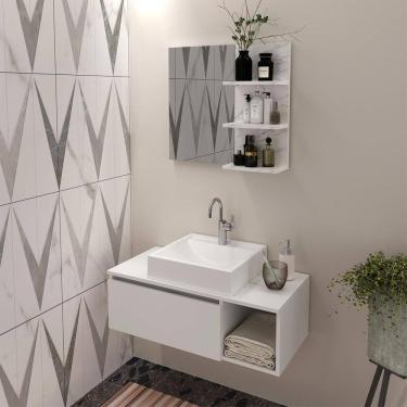 Imagem de Kit Gabinete de Banheiro com Cuba e Espelheira Branco Mármore