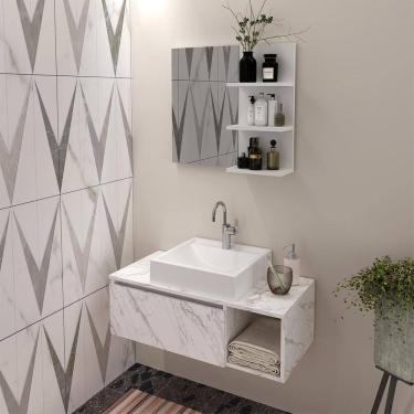 Imagem de Kit Gabinete de Banheiro com Cuba e Espelheira Mármore Branco