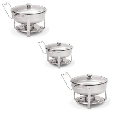 Imagem de Kit 3 Rechaud Redondo 3l Banho Maria Aço Inox Suporte Tampa